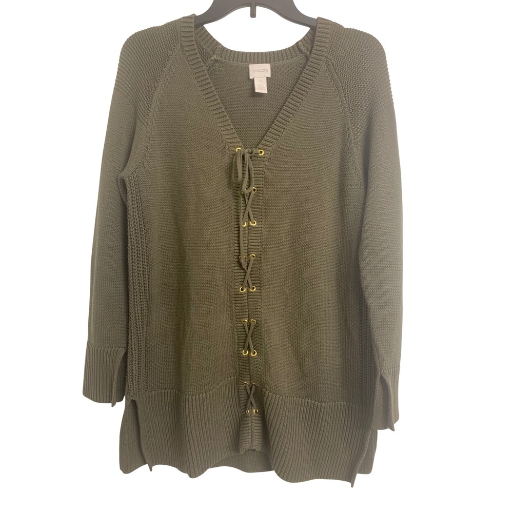Chico's  Lace Up VNeck Minimalist Knit Tunic Sweater Gold Grommets Size 1 Medium